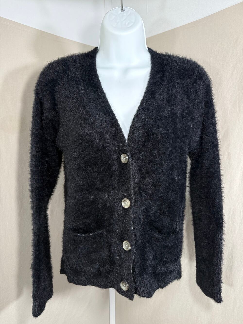 Cat & Jack Girls Black Fuzzy Eyelash Knit Cardigan Sweater Size L 10/12